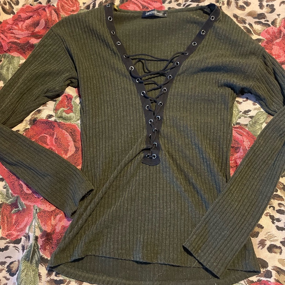 Ambiance Green Long Sleeve Blouse with Ribbed Texture and Tie Front